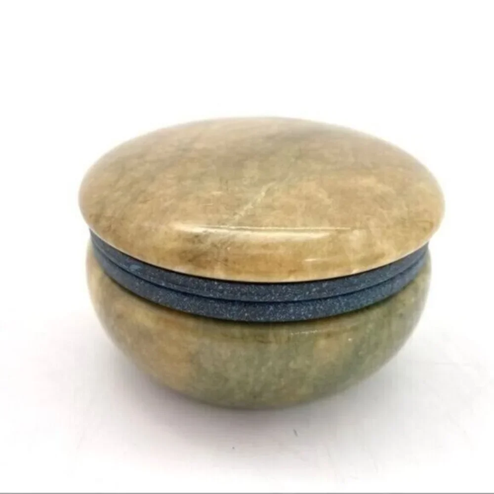 Vintage Italian Genuine Hand Carved Round Alabaster Trinket Box